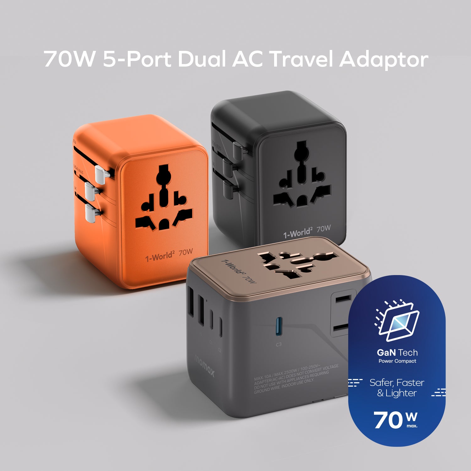 1-World² 5-Port Mini Universal Travel GaN Charger 70W with Dual AC