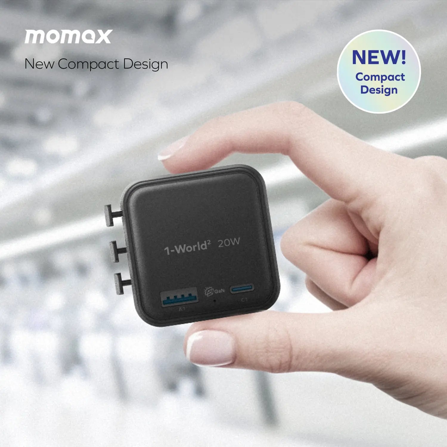 1-World² 2-Port USB-A and USB-C GaN Travel Charger 20W